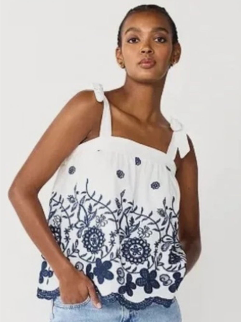 Draper James RSVP Womens Tube Top Tank Size L Floral Embroidered Cotton Tie Strp
